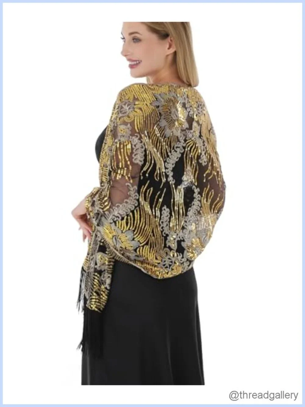 Sequin Shawl Wrap for Evening Dresses, Formal Wedding Sheer Mesh with Fringe,